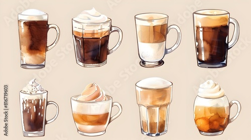 Assorted Coffee and Tea Drinks Served in Mugs and Glasses on Tabletop