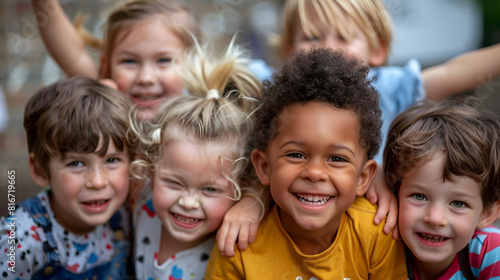 Group of diverse cheerful fun happy multiethnic children