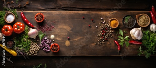 Top view image of a wooden kitchen table showcasing a variety of spices herbs vegetables and a cutting board creating a captivating food cooking background Ample space for additional content photo