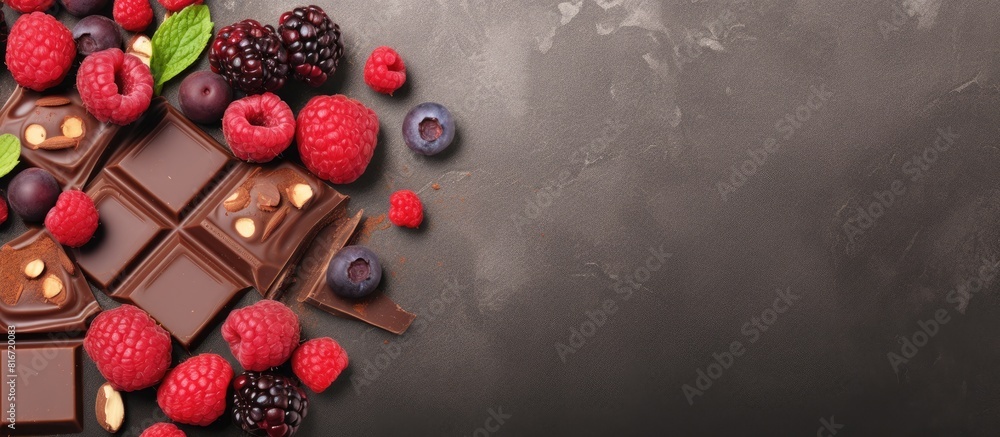 A top down view of broken milk chocolate bars with nuts sublimated berries and chocolate candies is displayed on a textured grey background The image includes copy space for adding text A top down view of broken milk chocolate bars with nuts sublimated berries and chocolate candies is displayed on a textured grey background The image includes copy space for adding text