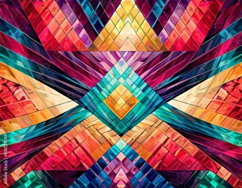 A vibrant abstract design with a kaleidoscopic pattern in a multitude of colors forming a symmetrical diamond shape.. AI Generation