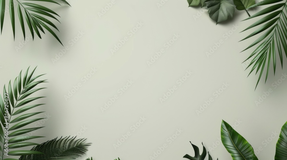 plants and palm leaves against a light neutral background.