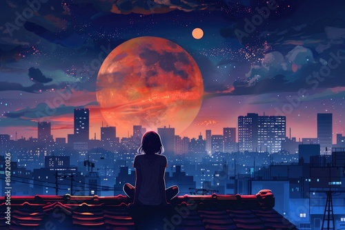 Person sitting on a roof looking at the moon. Suitable for night sky or contemplation concepts photo