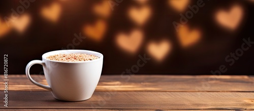 A white cup of coffee with a heart pattern sits on a wooden background creating a charming copy space image