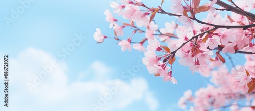 In spring under a sunny blue sky stunning pink cherry blossoms sakura bloom in full creating a captivating sight with a natural background Copy space image