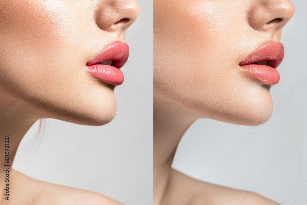 Fototapeta premium Close up of a woman's face with pink lips. Perfect for beauty and cosmetics advertisements
