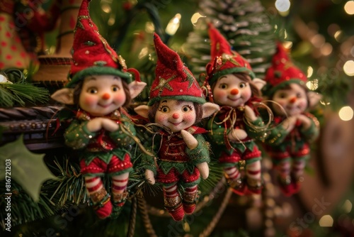 Closeup of whimsical elf decorations adorning a festively lit holiday tree © anatolir