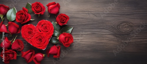 Top view composition of a red rose and heart on a table specifically arranged for Valentine s Day The image emphasizes the holiday concept with a flat lay design and ample copy space photo