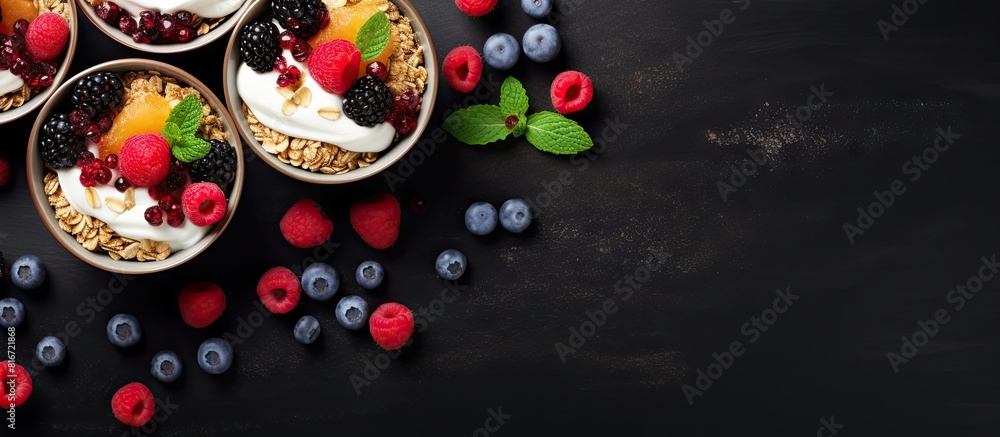 Image of a top view showcasing bowls filled with fresh yogurt baked granola and assorted berries creating a wholesome and nutritious breakfast The dark background allows for copy space
