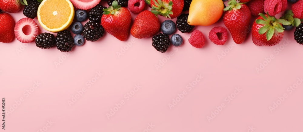 A top view of fruit and berries on a pink background arranged in a flat lay pattern with ample copy space for text or images A top view of fruit and berries on a pink background arranged in a flat lay pattern with ample copy space for text or images