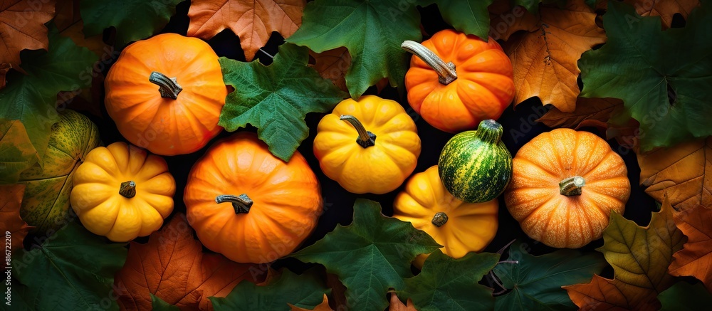 A copy space image showcasing the arrangement of green and orange pumpkins beautifully positioned on a bed of vibrant damp autumn oak leaves A copy space image showcasing the arrangement of green and orange pumpkins beautifully positioned on a bed of vibrant damp autumn oak leaves