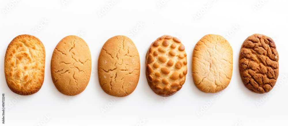 The image shows six sugarless roasted biscuits each with a unique shape set against a white background leaving plenty of copy space The image shows six sugarless roasted biscuits each with a unique shape set against a white background leaving plenty of copy space