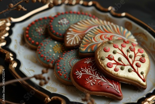 Handdecorated cookies with intricate designs, displayed on a vintage tray photo