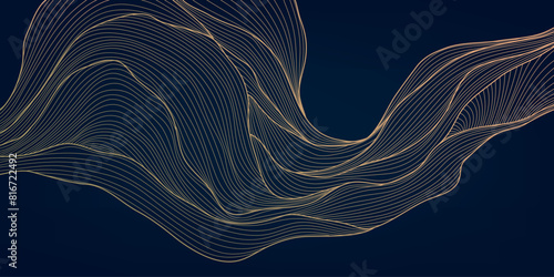 Vector gold wave on dark background illustration, line luxury modern art. Wavy shape banner, premium wallpaper, elegant poster, curve texture. Japanese style.