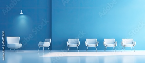 In a spacious blue room contemporary blue and white chairs stand elegantly creating a perfect setting for an image with copy space