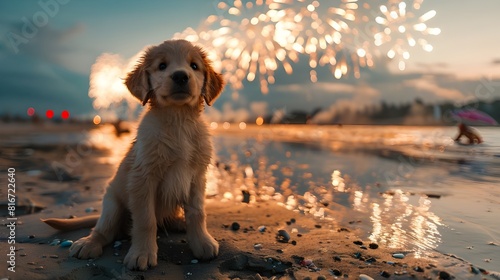 Dog with fireworks 4th of july, Cute puppy sitting on beach, watching colorful fireworks at night sky, reflection ocean water background, summer holiday vacation memory with loving pet animal concept.