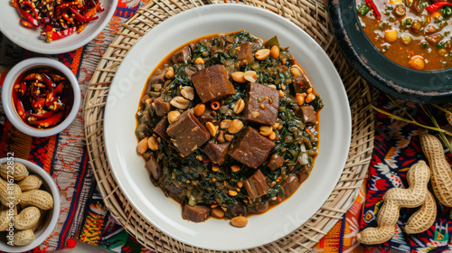 African spinach stew with peanuts and meat, enhanced with regional spices and accompaniments