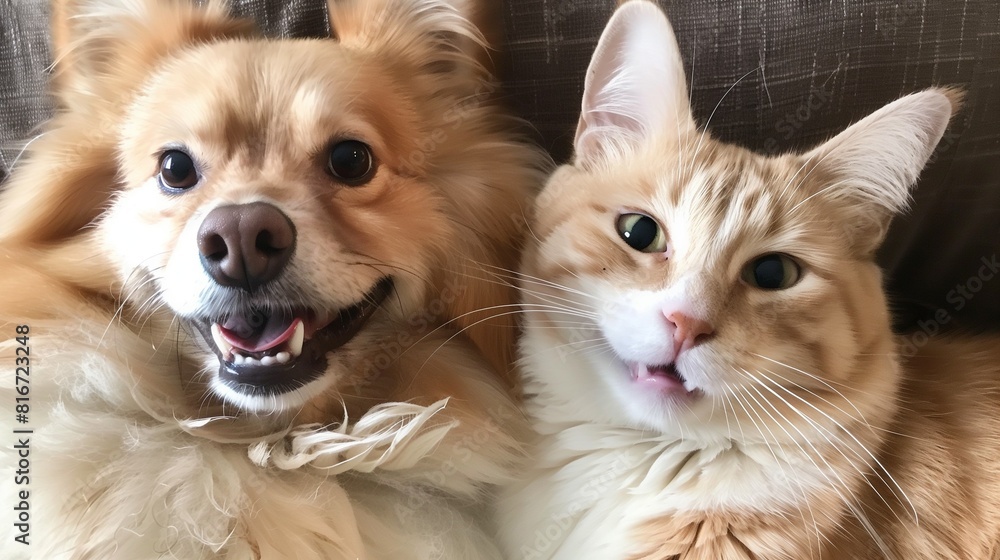 AI generated illustration of a fluffy brown dog with a tabby cat AI generated illustration of a fluffy brown dog with a tabby cat