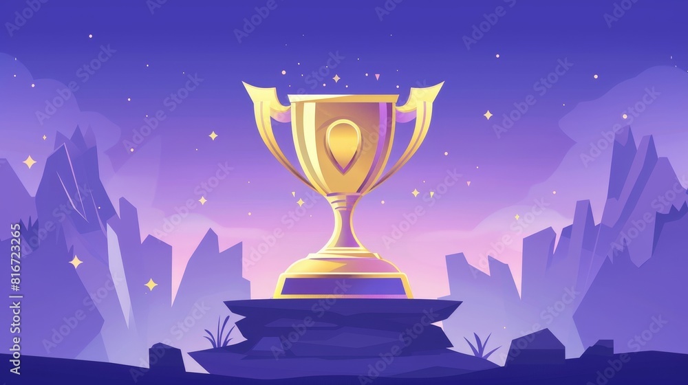Winner's landing page with golden trophy and winning medal. Victory in competition, winner's award prize, championship victory celebration, reward for achievement. Cartoon modern web banner. Winner's landing page with golden trophy and winning medal. Victory in competition, winner's award prize, championship victory celebration, reward for achievement. Cartoon modern web banner.