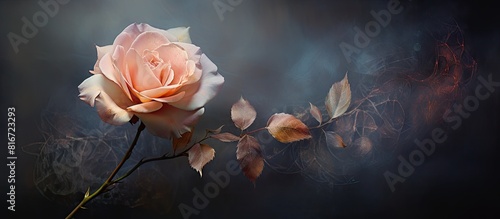 A vibrant vintage style painting of a solitary rose blossom in soft pastel hues set against a black backdrop with intricate textures creating a captivating copy space image