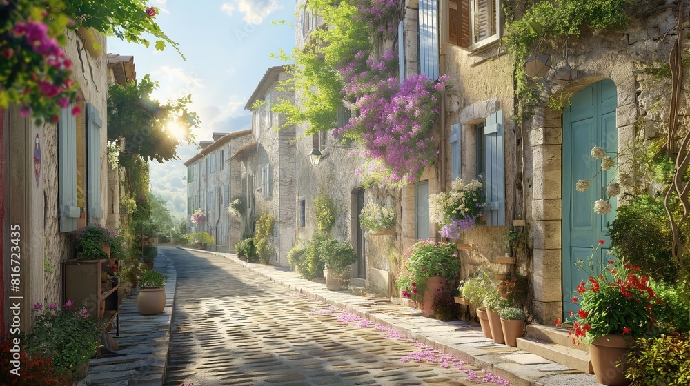 Sunlit Cobblestone Street in Quaint Village with Flowering Plants and Stone Houses
