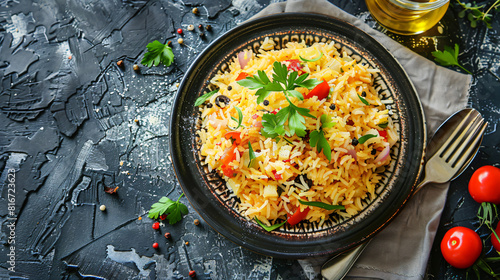 Plate with tasty pilaf on grunge background