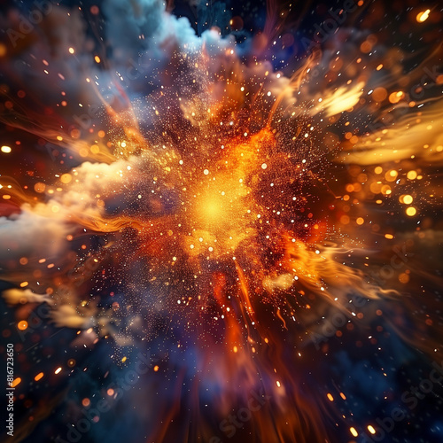 3D Abstract Explosive Background, fire and fireworks, magic in space