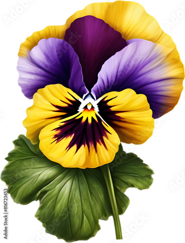 A cartoon pansy with velvety purple and yellow petals. photo