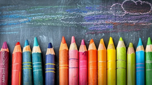 colorful crayons on the blackboard, back to school  photo