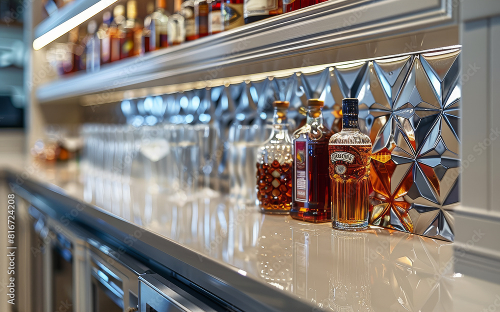 A sleek, high-gloss bar area with a built-in liquor cabinet, a geometric-patterned backsplash, and a collection of vintage cocktail glasses. Generative AI. A sleek, high-gloss bar area with a built-in liquor cabinet, a geometric-patterned backsplash, and a collection of vintage cocktail glasses. Generative AI.
