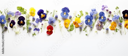 Top down view of viola tricolor pansy flowers and blue forget me not wildflowers against a white backdrop providing ample space for text in the image photo