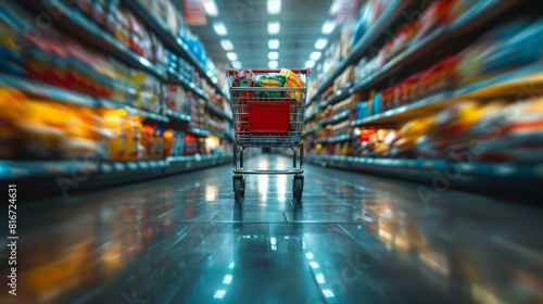 supermarket aisle  groceries  shopping cart in a speed blur  wide shot  natural light.
