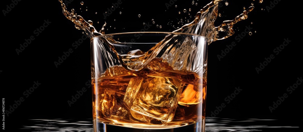 Whiskey with a splash captured in an isolated shot against a black background displaying copy space image Whiskey with a splash captured in an isolated shot against a black background displaying copy space image