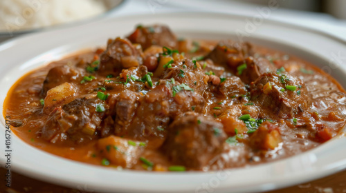 Traditional african beef stew in a white bowl, adorned with fresh herbs, showcasing the flavors of africa