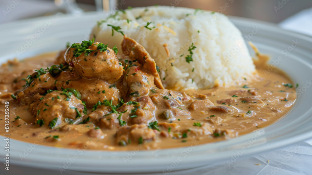 Delicious african chicken stew with white rice and fresh herb garnish, served on a white plate in a close-up shot Delicious african chicken stew with white rice and fresh herb garnish, served on a white plate in a close-up shot