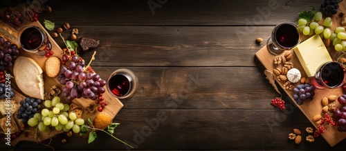 Top view of a copy space image showcasing a delightful spread of wine cheese grapes and nuts inviting you to add your own descriptive text photo
