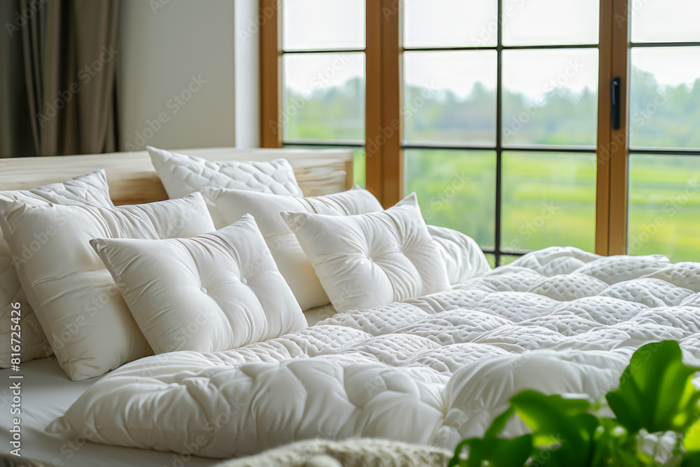 Hotel bed adorned with fluffy white pillows and plush comforter, set in room with large window overlooking serene landscape. Concept of restorative sleep and sleep tourism, relaxation and rejuvenation Hotel bed adorned with fluffy white pillows and plush comforter, set in room with large window overlooking serene landscape. Concept of restorative sleep and sleep tourism, relaxation and rejuvenation