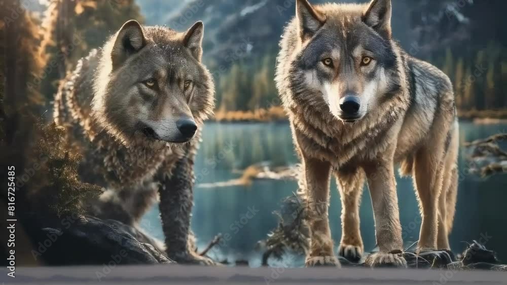 Two Wolves by Mountain Lake Two Wolves by Mountain Lake