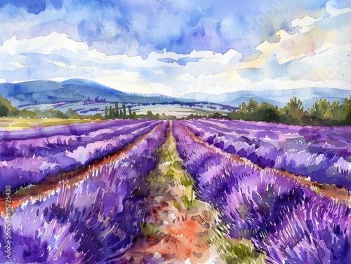 Captivating Lavender Fields Stretching into the Horizon a Vibrant Watercolor Landscape © Digital Artistry Den