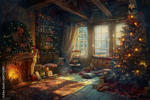 Warm and inviting living room decorated for the festive season with a sparkling christmas tree