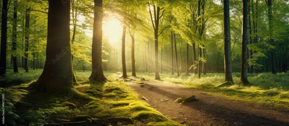Obraz premium Sunlight filtering through a golden woodland offering a serene and idyllic setting with plenty of copy space for images