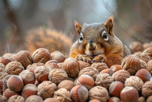 Squirrel surrounded by nuts