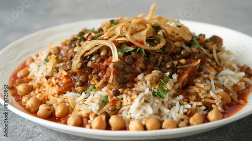 Authentic african dish featuring seasoned beans, white rice, spicy sauce, and crispy fried onions on a white plate