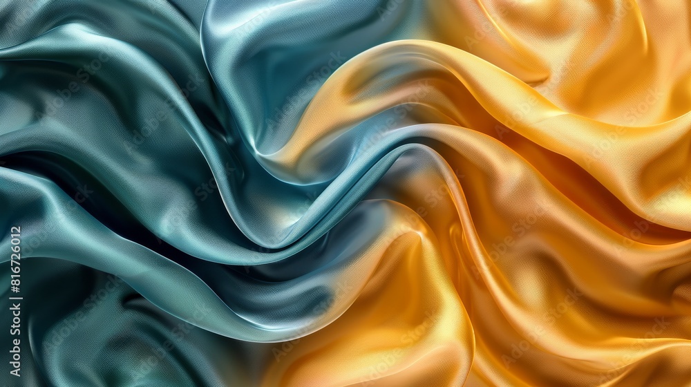 Obraz premium Abstract bright teal, blue, yellow soft fabric wavy folds. Modern luxury satin wave drapes background. Smoke wavy texture waves material backdrop. Generative AI.