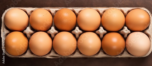 A top down view of farm eggs arranged in a cardboard tray with ample copy space in the image © vxnaghiyev