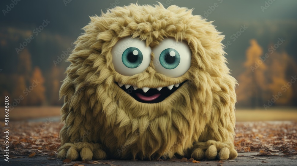 Obraz premium Adorable Furry Monster With Big Eyes Posing Outdoors In Autumn Landscape