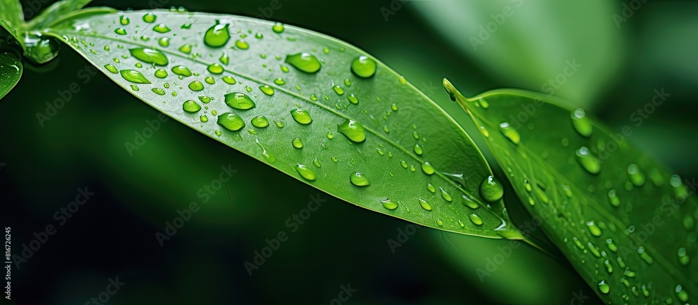A copy space image of raindrops resting on a vibrant green leaf A copy space image of raindrops resting on a vibrant green leaf