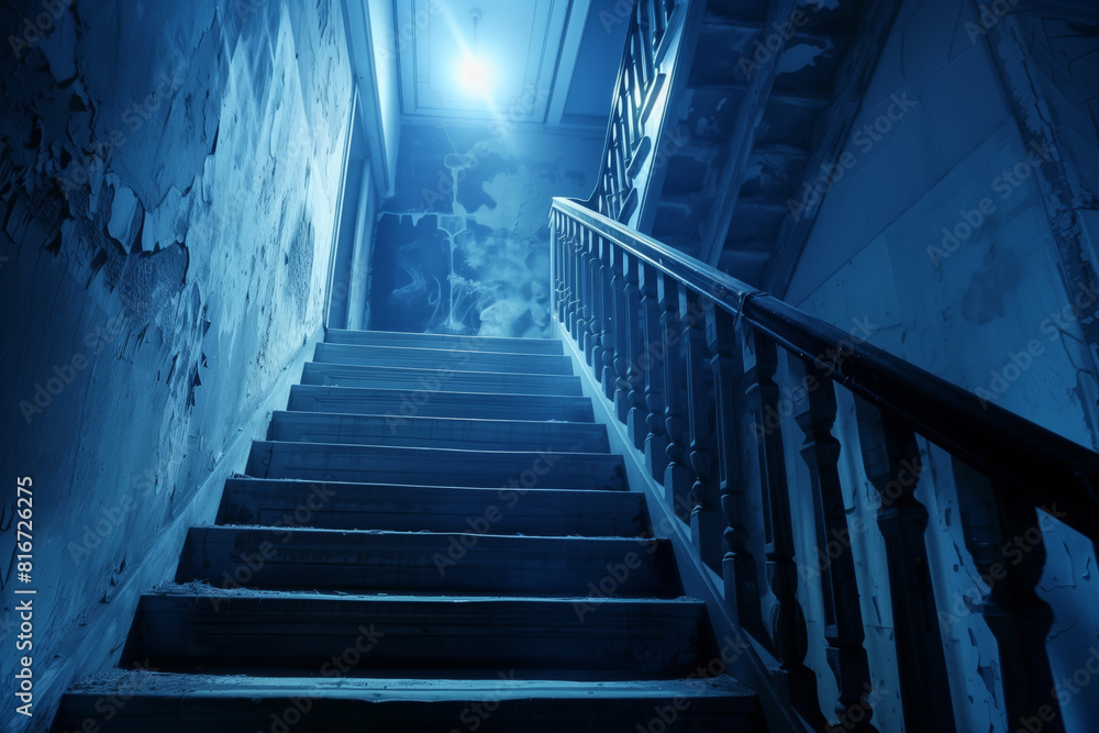 A dimly lit, worn staircase leading up A dimly lit, worn staircase leading up