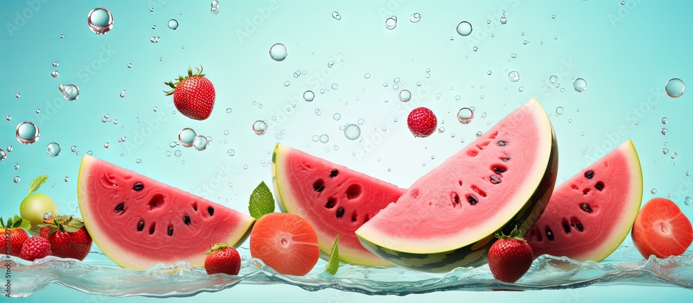 A watermelon slice is seen falling onto a pastel background surrounded by floating fruits The red fruits appear to be flying in the air creating a vibrant summer backdrop with trendy colors A copy sp A watermelon slice is seen falling onto a pastel background surrounded by floating fruits The red fruits appear to be flying in the air creating a vibrant summer backdrop with trendy colors A copy sp
