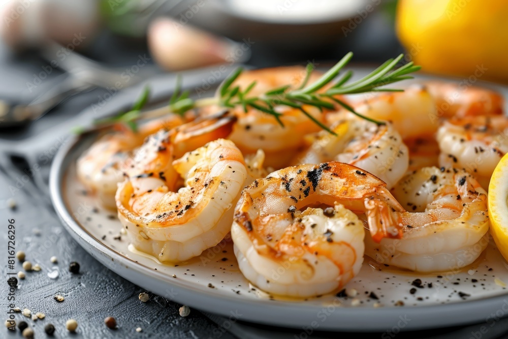 Exquisite presentation of succulent grilled shrimp on a stylish white ceramic serving plate Exquisite presentation of succulent grilled shrimp on a stylish white ceramic serving plate